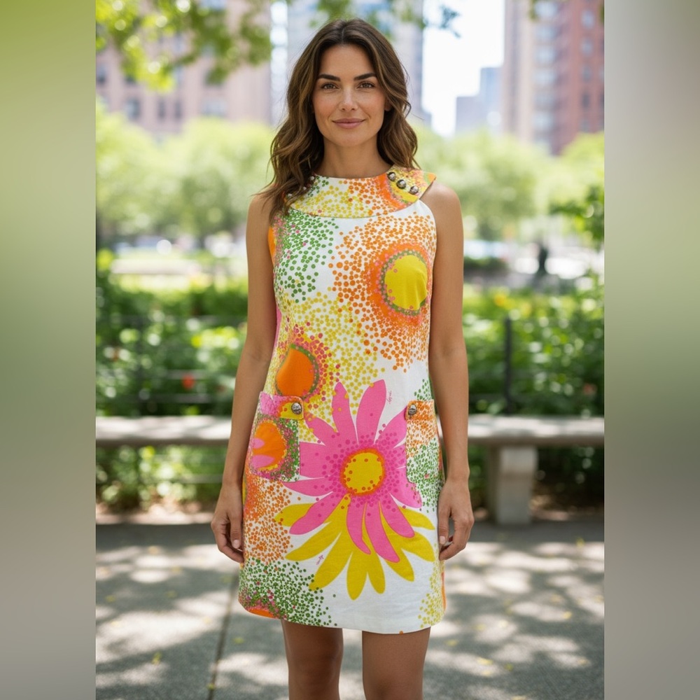 Milly of New York Floral 50's Inspired Shift Dress Size 4 Sleeveless 100% Cotton